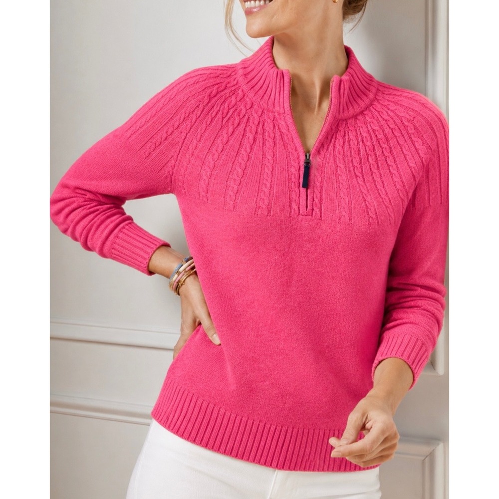 Vineyard Vines Womens Pink 100% Lambswool Cable Knit‎ Quarter Zip Sweater XS NEW